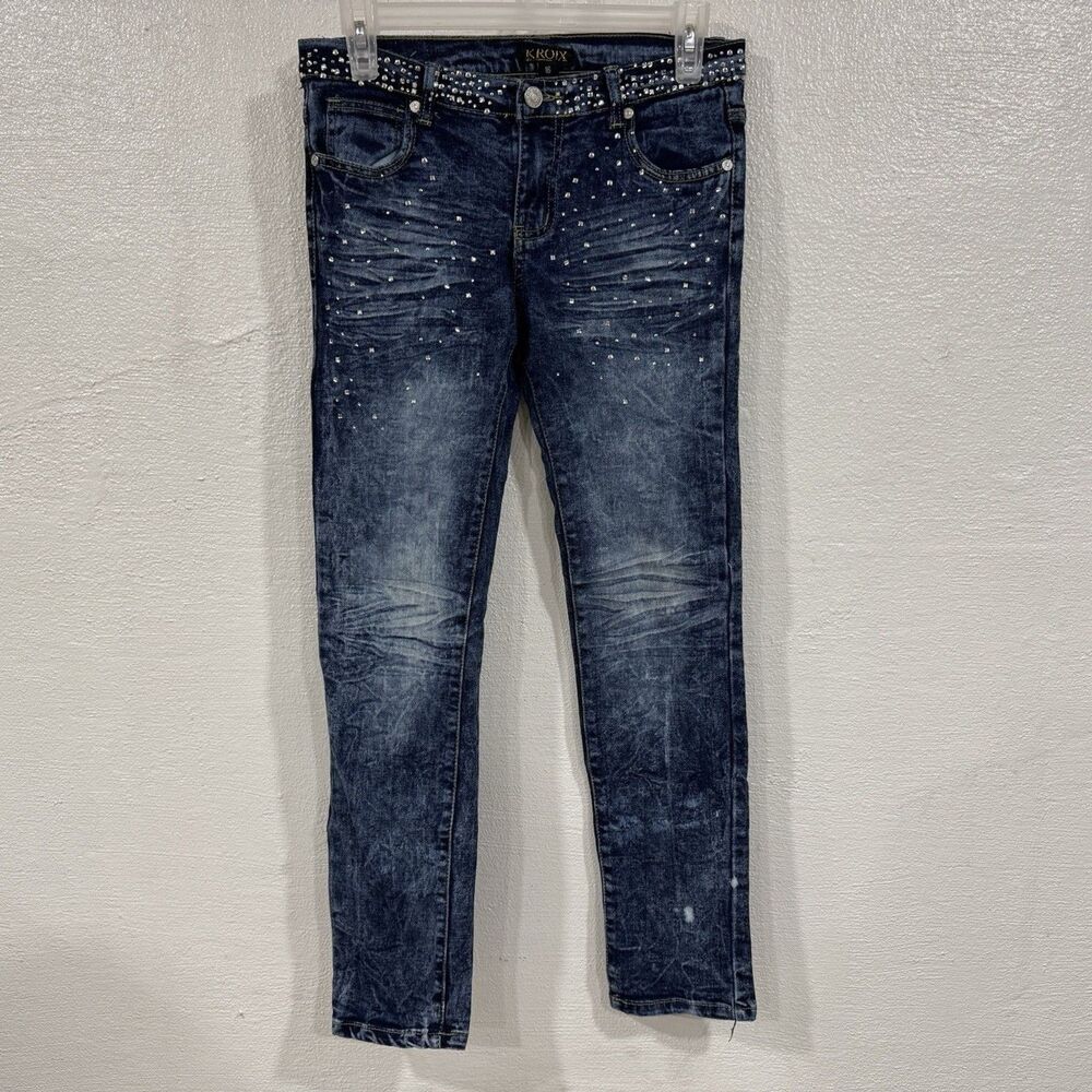 Kroix Premium Denim Women's Rhinestone Studded Jeans, Dark Wash, Size 16